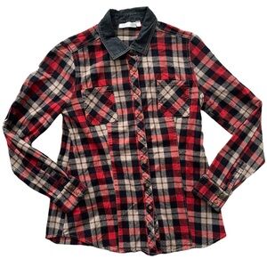 Retro Plaid and Denim Snap Button Front Flannel Long Sleeved Shirt